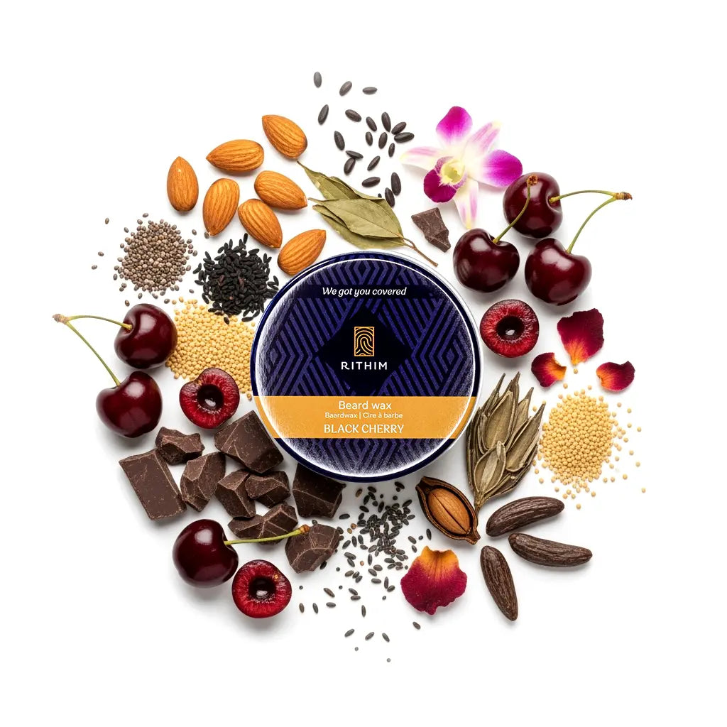 Rithim Black Cherry Beard Wax surrounded by cherries, almonds, and other ingredients on a white background