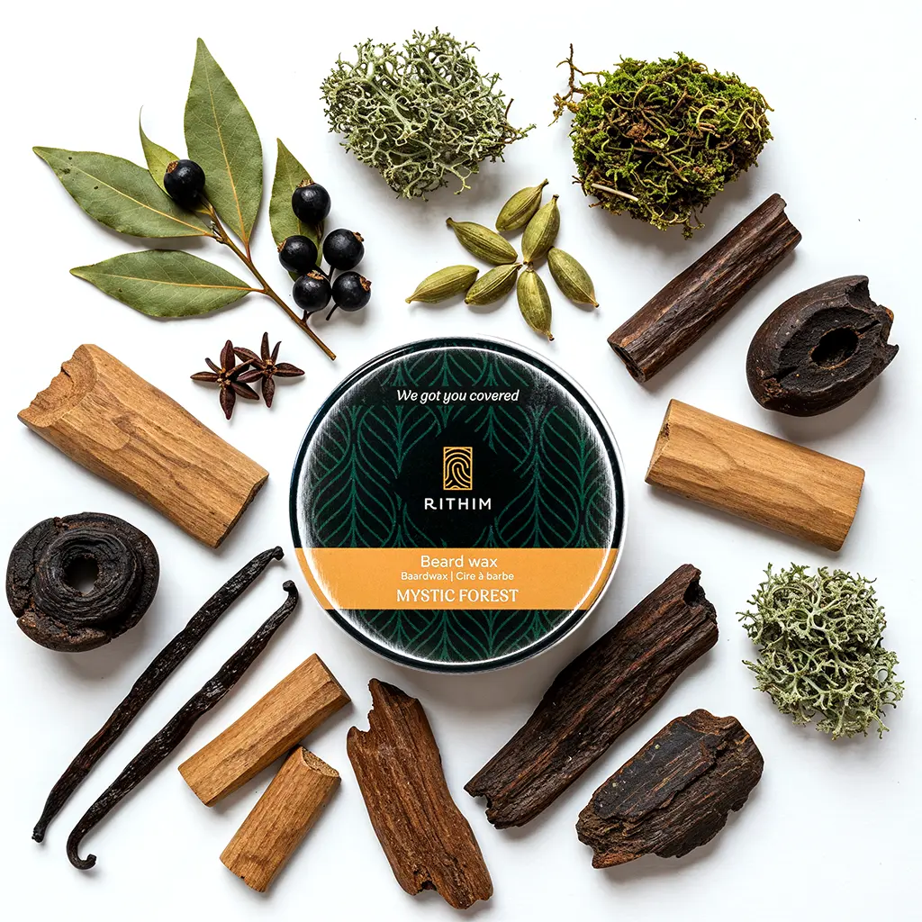 Rithim Mystic Forest Beard Wax surrounded by natural ingredients like moss, bay laurel, agarwood on a white background