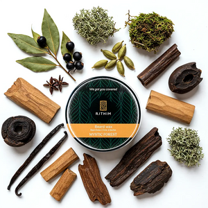 Rithim Mystic Forest Beard Wax surrounded by natural ingredients like moss, bay laurel, agarwood on a white background