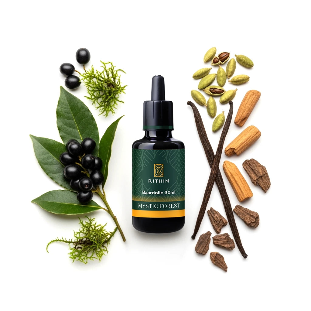 Rithim Mystic Forest Beard Oil surrounded by natural elements on a white background