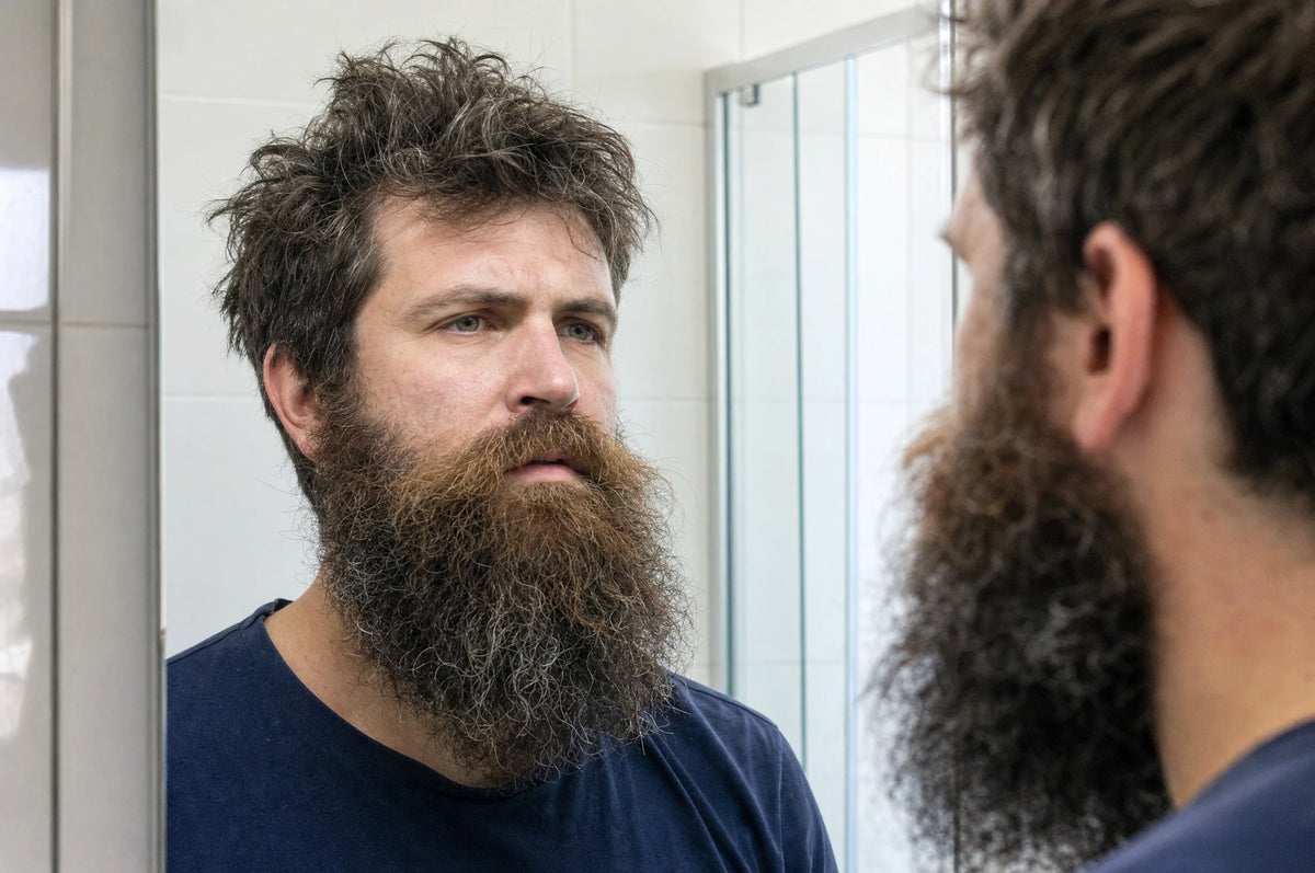 Homme en t-shirt bleu marine observant sa longue barbe ébouriffée dans le miroir de la salle de bains