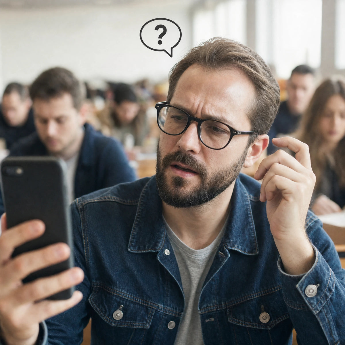 Homme barbu à lunettes regardant son téléphone, avec un point d’interrogation au-dessus de lui
