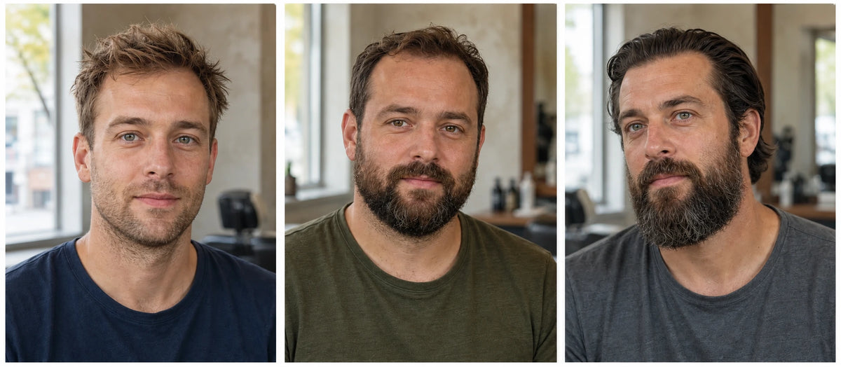 Trois hommes avec une barbe très courte, mi-longue structurée et longue