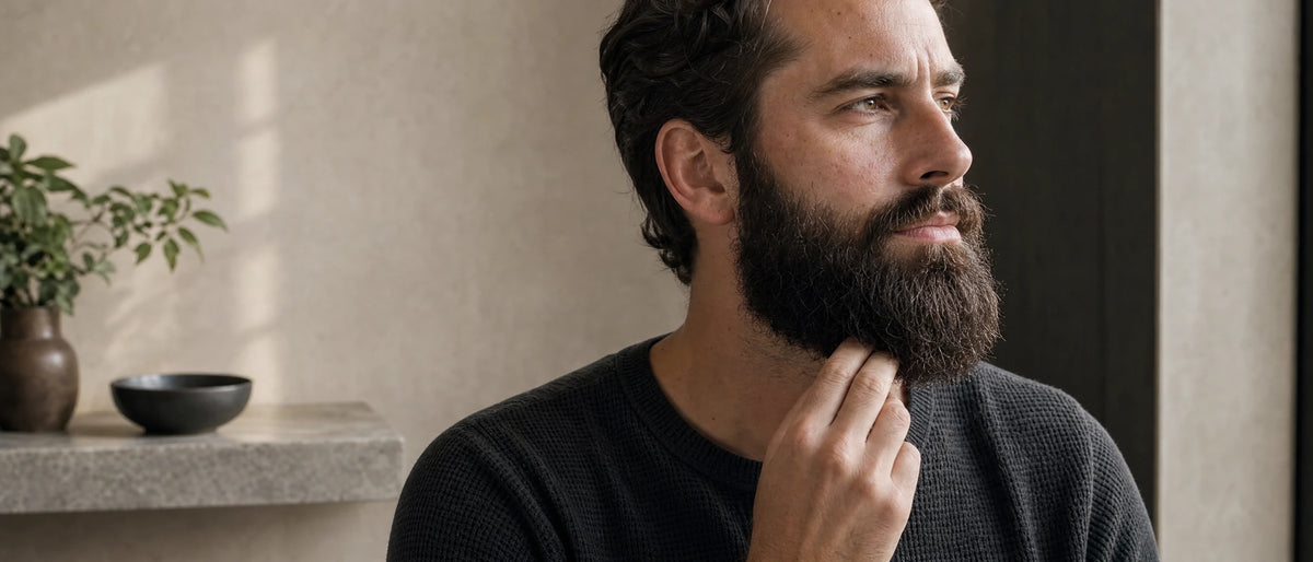 Man in een donkere trui verzorgt zijn volle baard in een badkamer met warme tinten