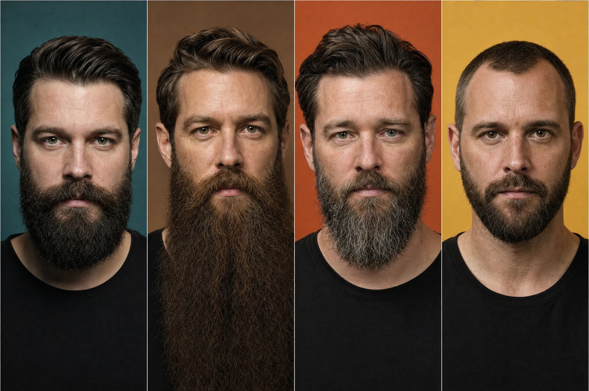 Quatre portraits séparés présentant des barbes fournies de différentes longueurs et formes