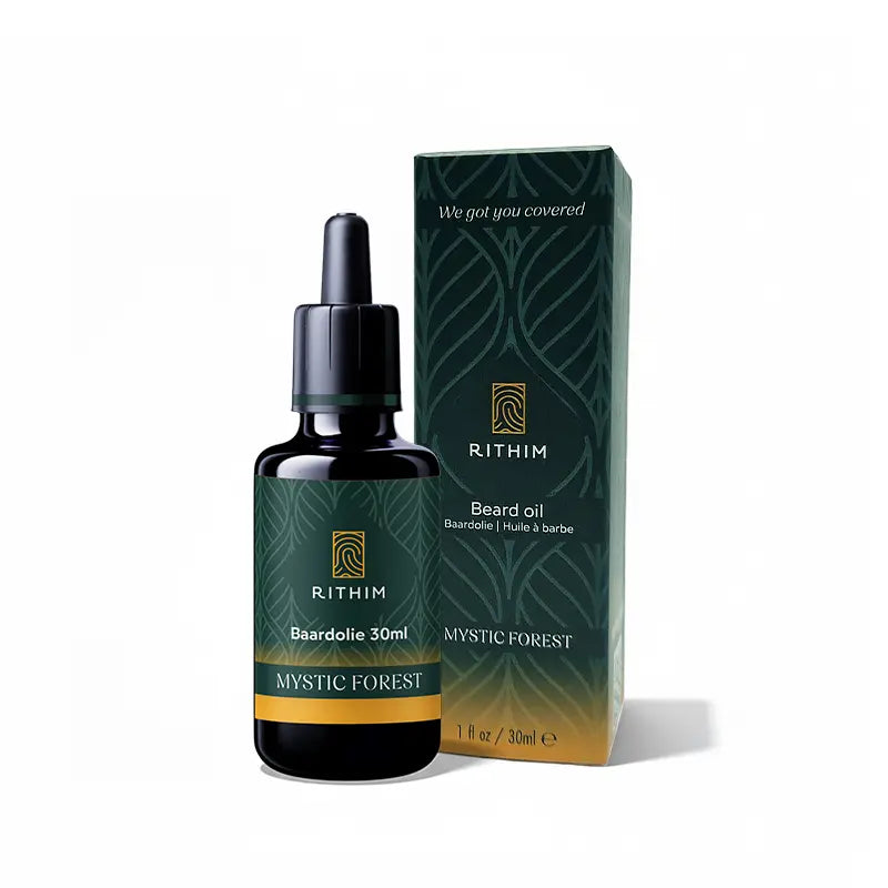 Rithim beard oil bottle and packaging on a white background