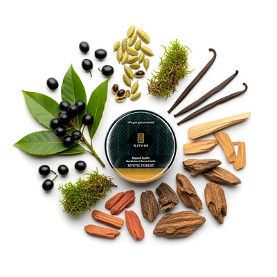 Rithim Mystic Forest beard balm tin surrounded by natural ingredients on a white background